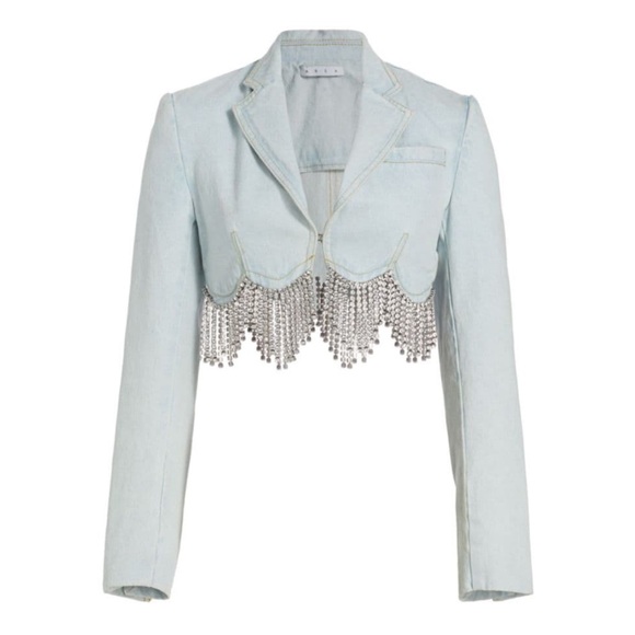 AREA Scalloped Embellished Cropped Denim Jacket in Pale Blue, Size 4, NWT - Picture 5 of 17